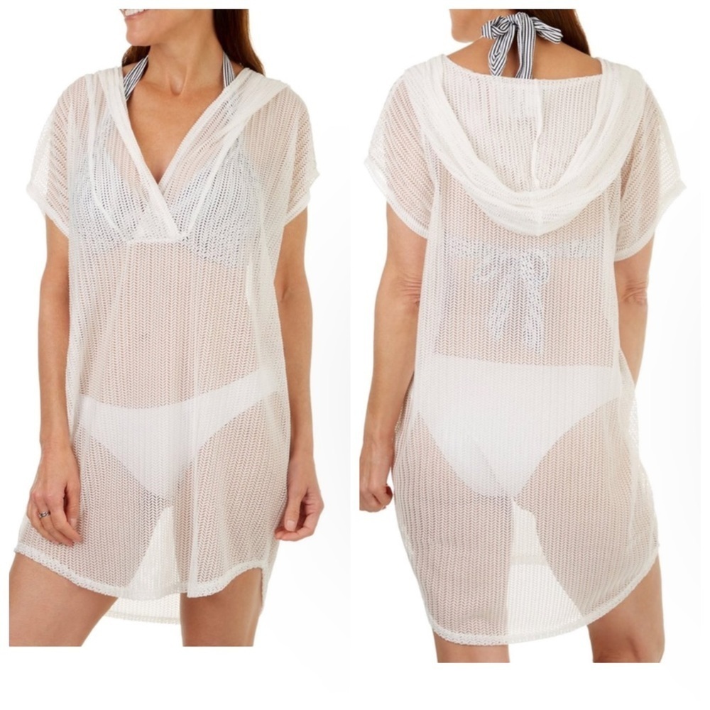 ✅ NWT Jordan Taylor Women‘s White Chevron Hoodie Tunic Swim Coverup